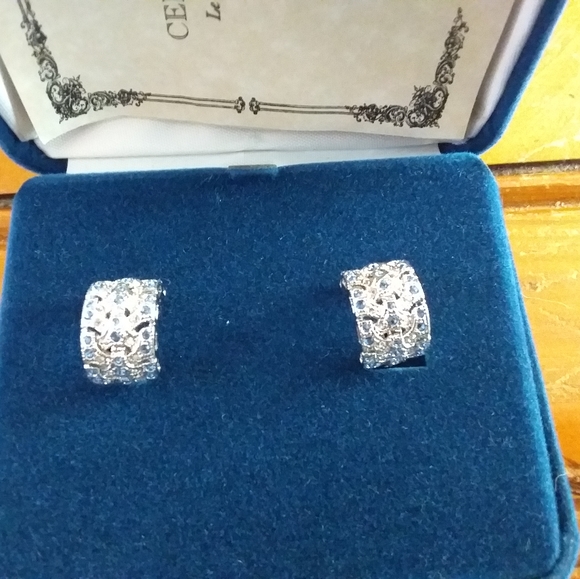 Silver tone clip on earrings with blue crystals. - Picture 2 of 3